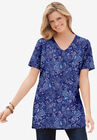 Perfect Printed Short-Sleeve Shirred V-Neck Tunic, , alternate image number null
