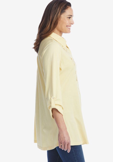 Button-Front Embroidered Tunic, , alternate image number null
