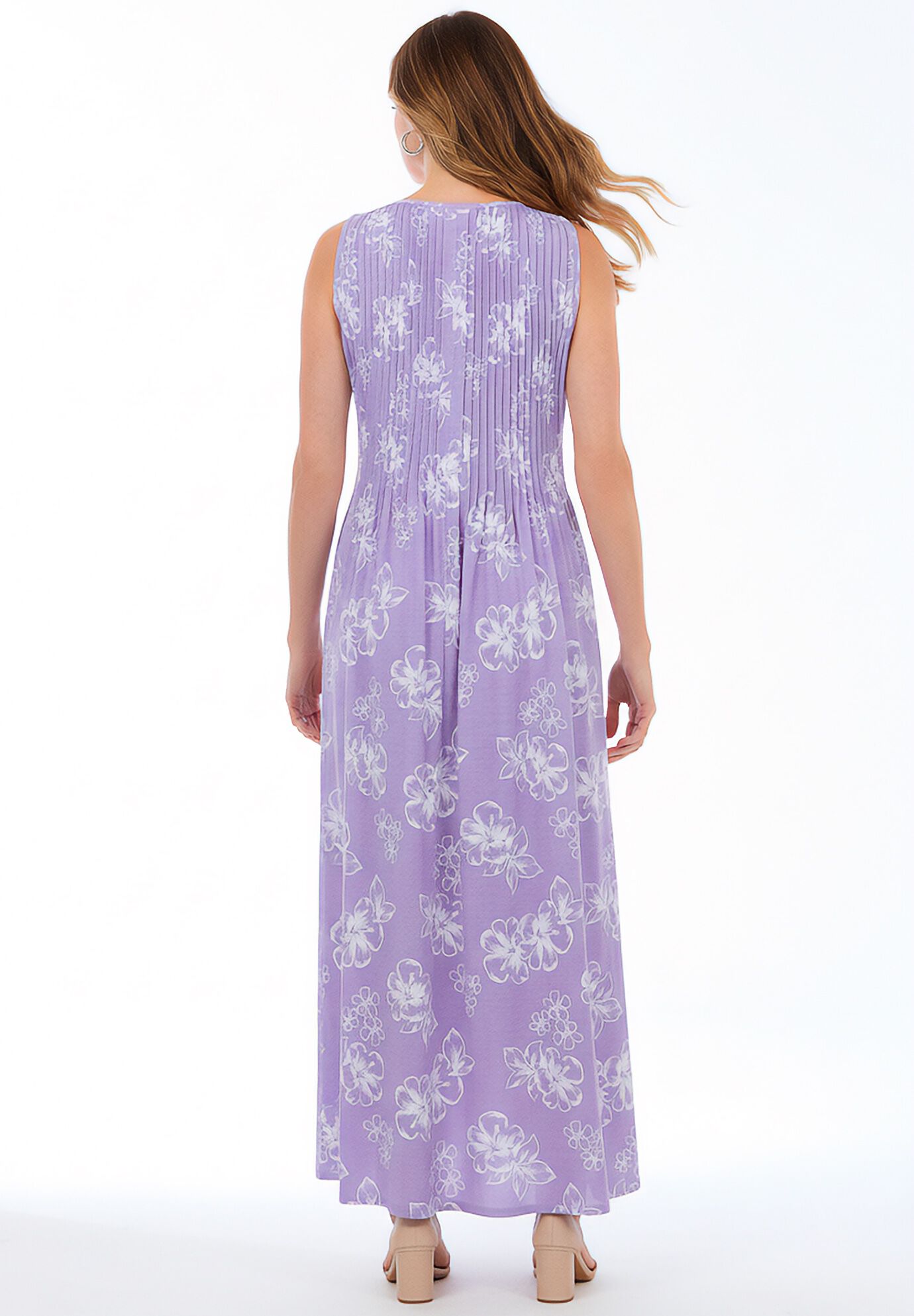 Pintucked Sleeveless Dress, SOFT IRIS PLUMERIA, on-hover image number 1