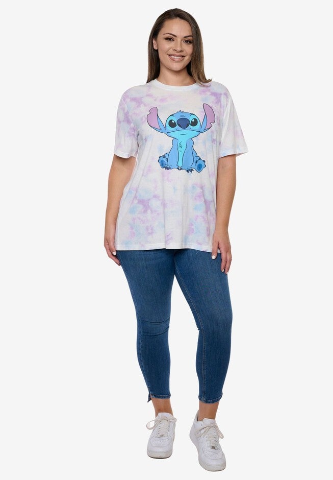 Women's Disney Stitch T-Shirt Tie Dye Print PastelShort Sleeve White, PINK, alternate image number 4