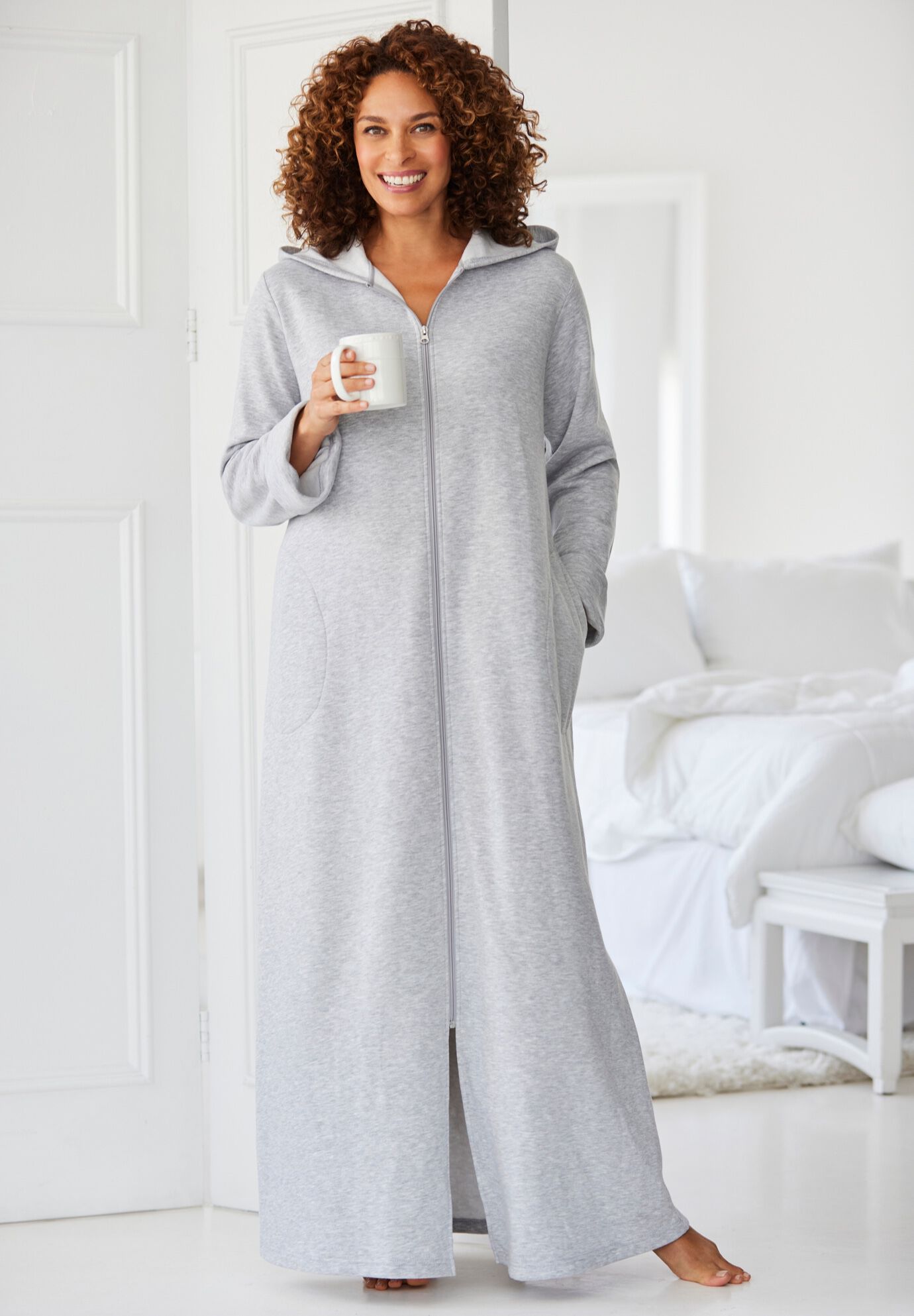 Long Hooded Fleece Sweatshirt Bathrobe Deep Teal Woman Within