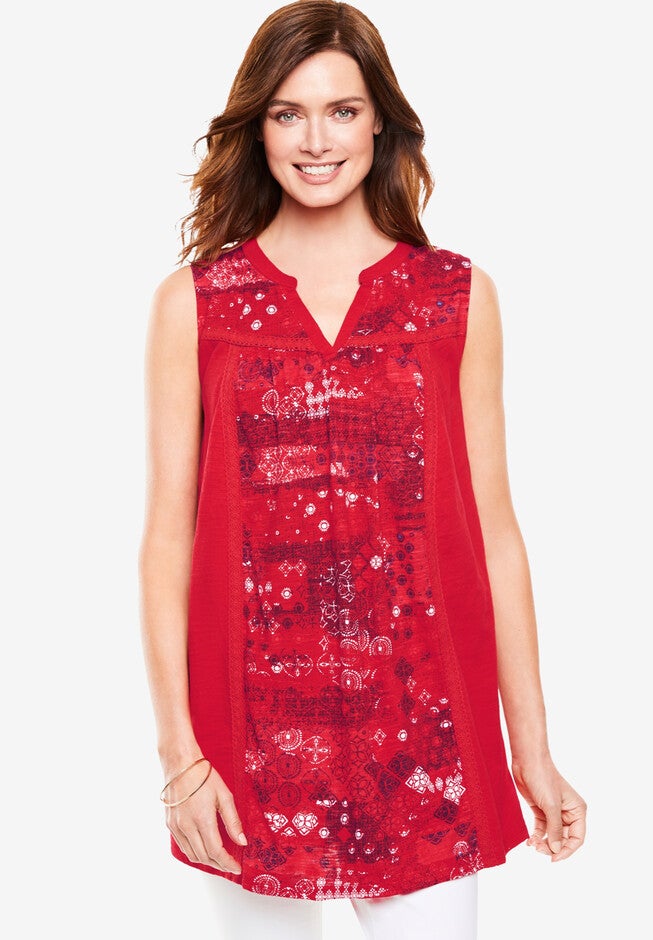 Sleeveless Notch-Neck Tunic, VIVID RED STENCIL BANDANA, hi-res image number 0