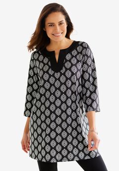 Contrast Notch-Neck Three-Quarter Sleeve Knit Tunic