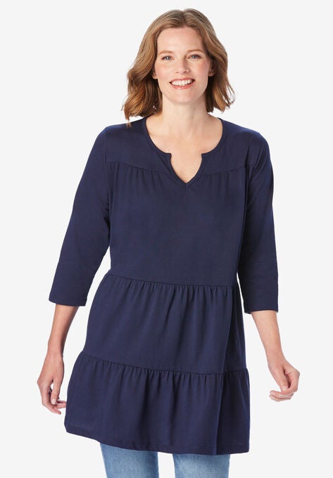 Three-Quarter Sleeve Tiered Tunic, NAVY, hi-res image number null