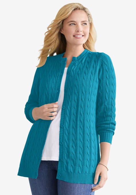 Cotton Cable Knit Cardigan Sweater | Woman Within