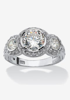 Sterling Silver Cubic Zirconia Vintage Style 3-Stone Bridal Ring