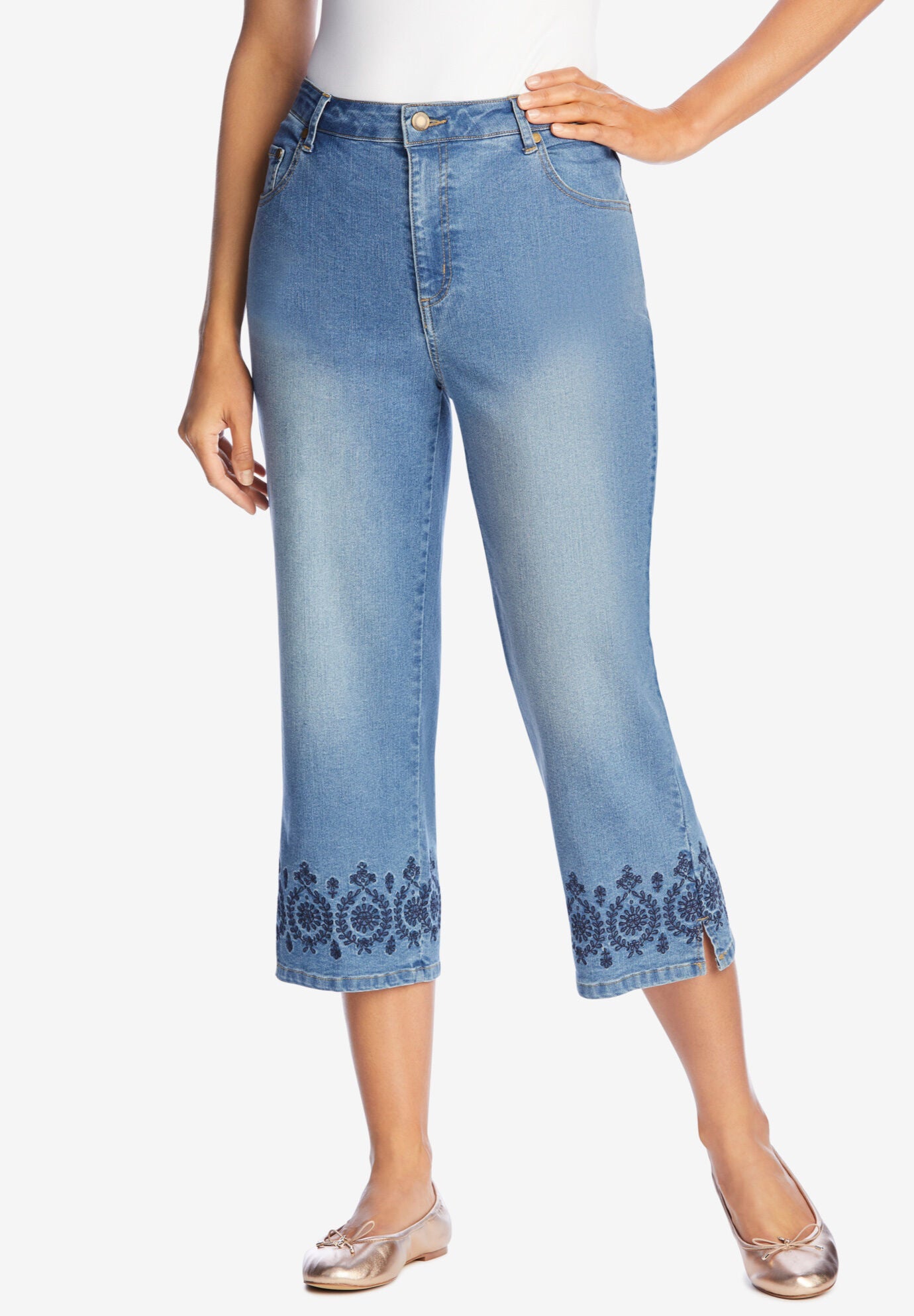 Stretch Denim Five-Pocket Capri Jeans, , alternate image number 5