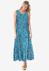 Sleeveless Crinkle A-Line Dress, DEEP TEAL LEAVES, hi-res image number null