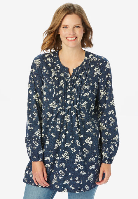 Long-Sleeve Pintuck Bib Tunic, NAVY SKETCHED FLORAL, hi-res image number null