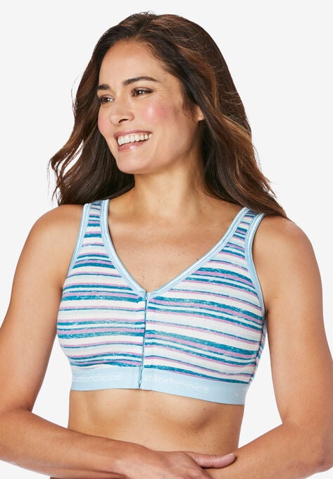 Wireless Front-Close T-Shirt Bra, DEEP TEAL MULTI STRIPE, hi-res image number null