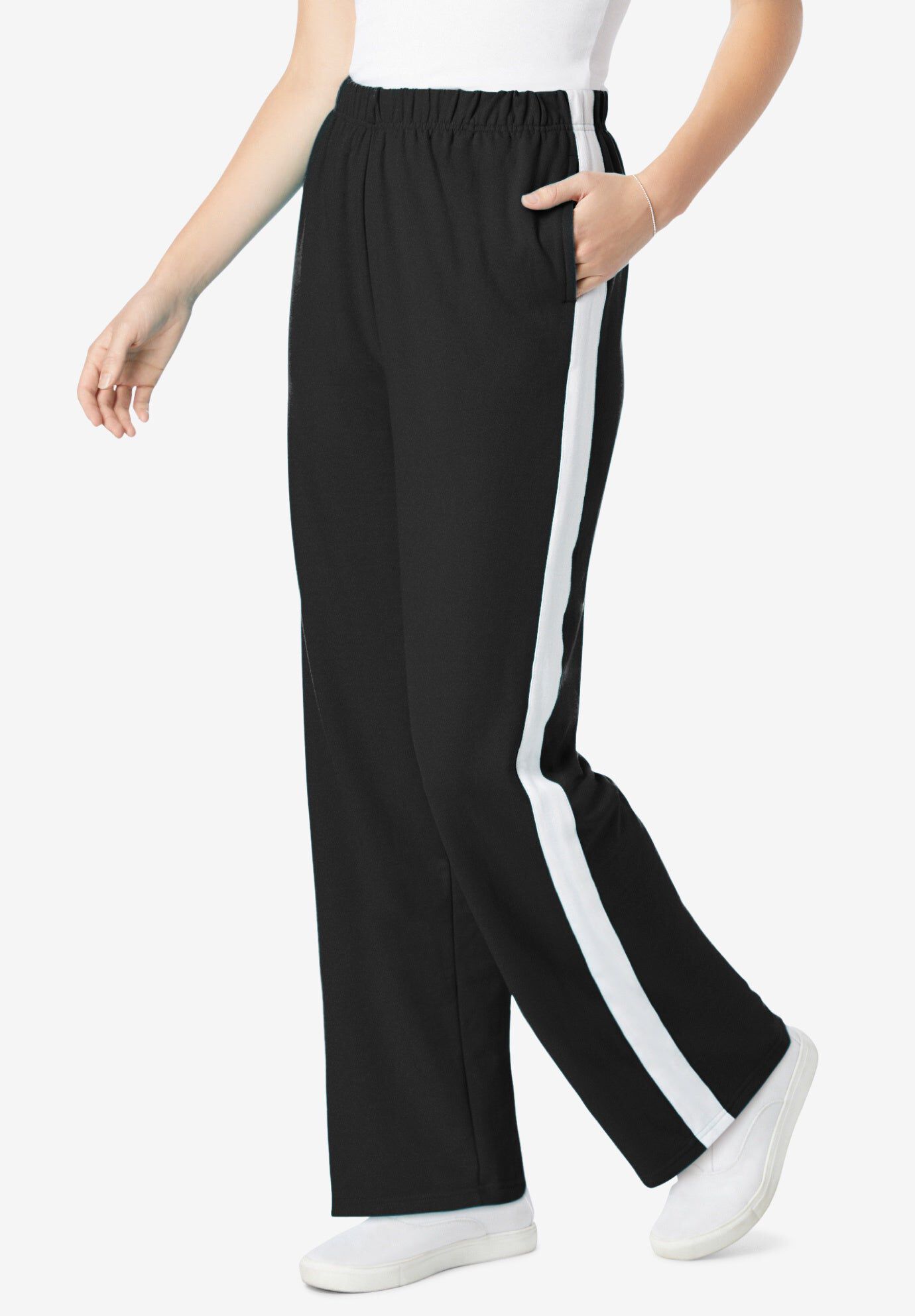 新品APOCRYPHA. / STRIPE SIDE OPEN SLACKS Side Stripe French Terry Straight-Leg Pants, Black White | Woman