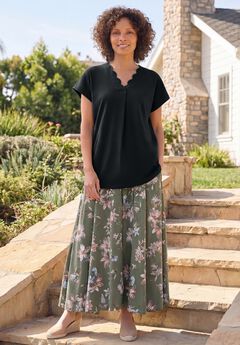 V-Neck Scallop Trim Longline Knit Tunic Top