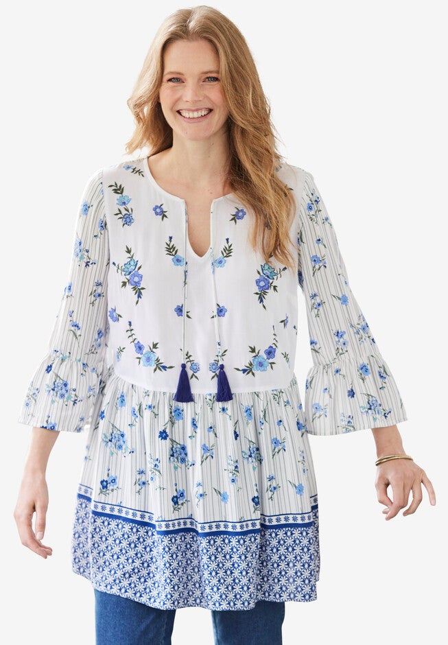 Bell Sleeve Embroidered Blouse, NAVY FLORAL BORDER, hi-res image number null