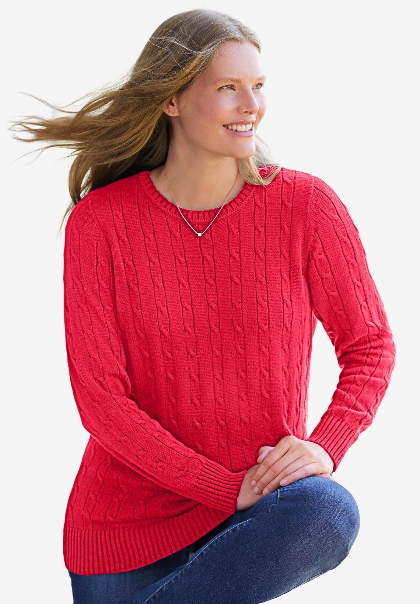 Cable Knit Crewneck Sweater Pullover Cotton Vivid Red