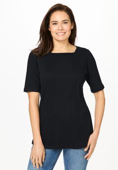 Ribbed Square Neck Elbow-Sleeve Tee
