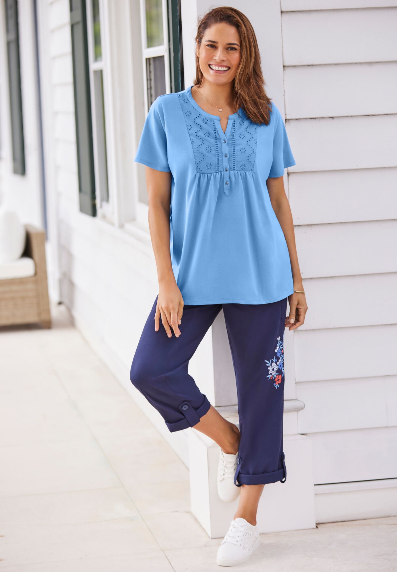 Eyelet Henley Tee - Feminine Embroidered Top, French Blue | Woman