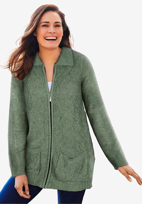 Marled Zip-Front Cable Knit Cardigan, PINE SAGE MARLED, hi-res image number null