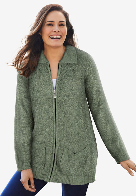 Marled Zip-Front Cable Knit Cardigan, PINE SAGE MARLED, hi-res image number null