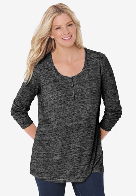 Marled Jersey Henley Tunic, DARK BLACK MARLED, hi-res image number null
