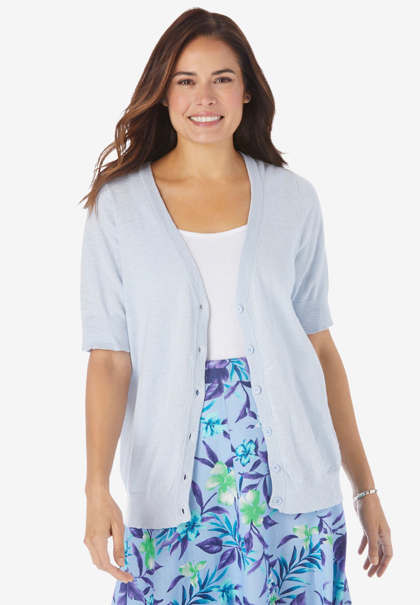 white short sleeve cardigan sweater
