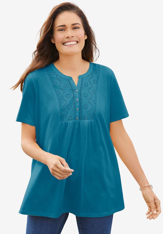 Woman Within Womens Plus Size Eyelet Henley Tee Henley Shirt