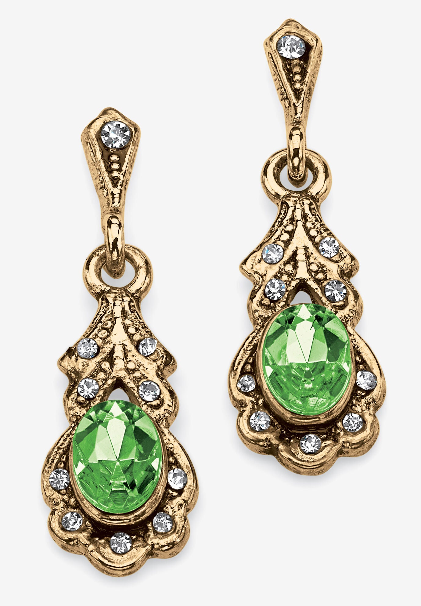 Gold Tone Antiqued Oval Cut Simulated Birthstone Vintage Style Drop Earrings, AUGUST, hi-res image number 0