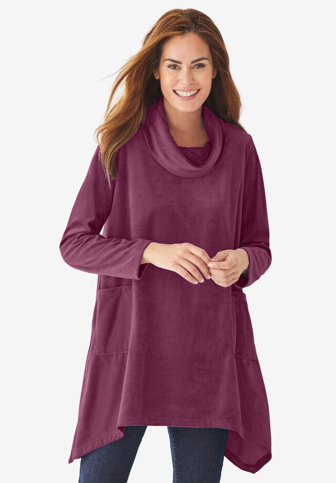 Velour Cowl Neck Pocket Tunic, DEEP CLARET, hi-res image number 0