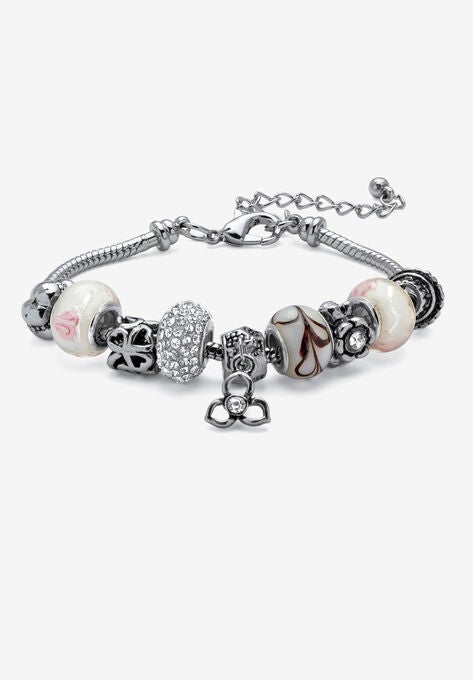 Bali Style Red Crystal Charm 8" Bracelet in Silvertone, APRIL, hi-res image number null