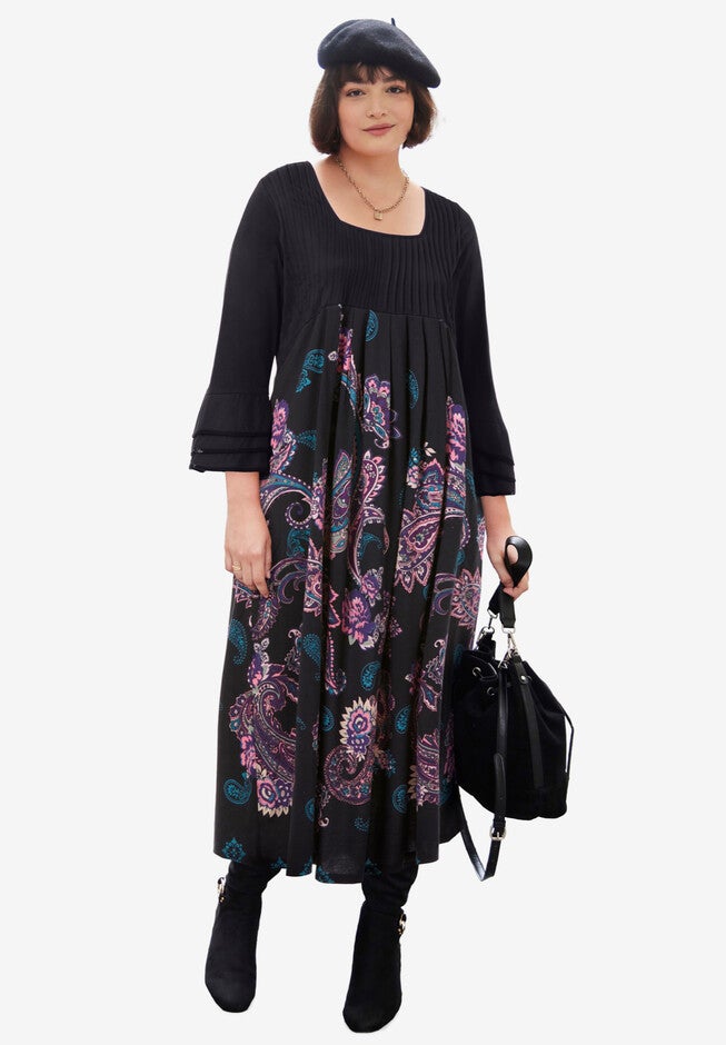 Ruffle Sleeve Dress, BLACK DEEP CLARET PAISLEY BORDER, hi-res image number 0
