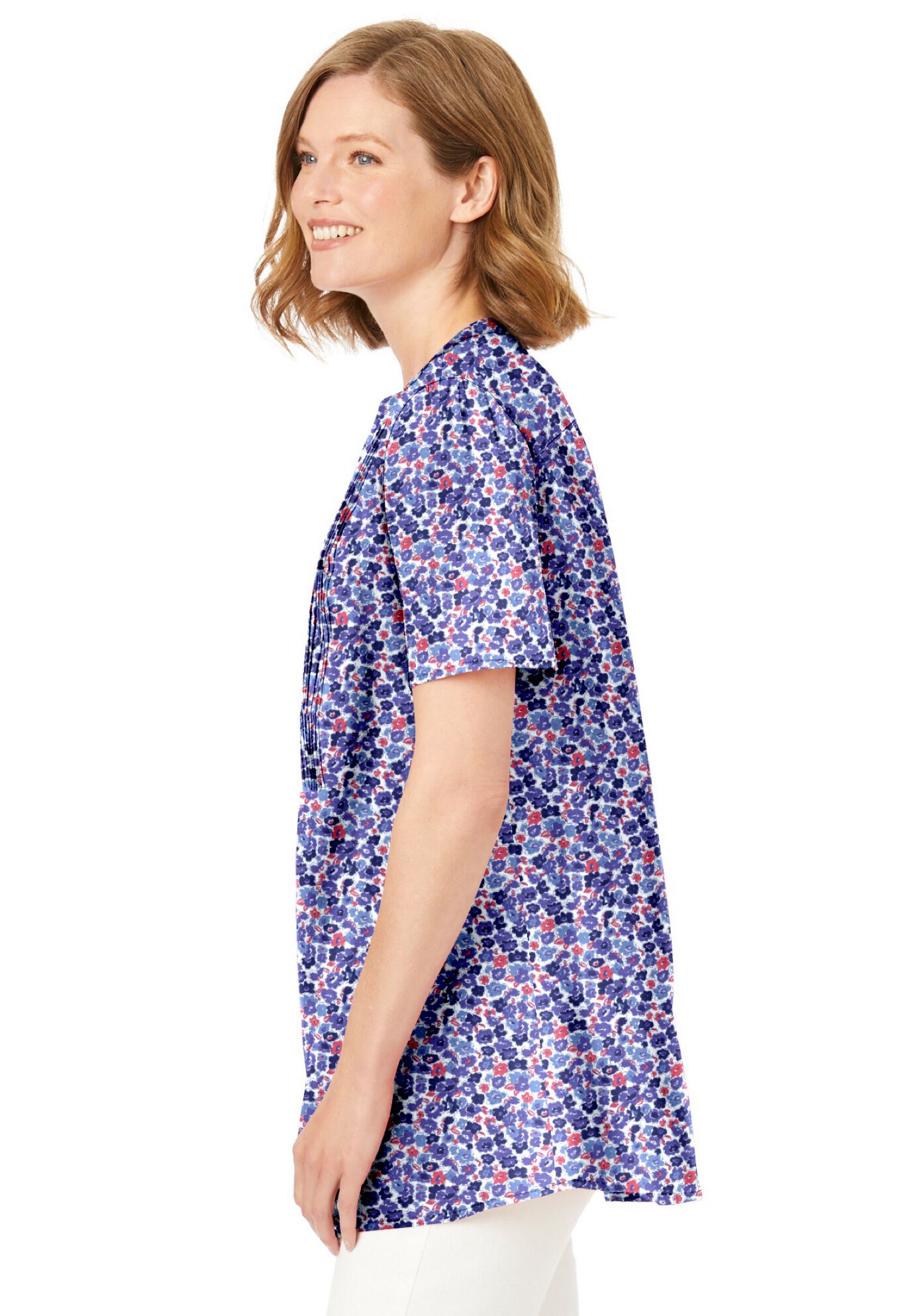 Pintucked Half-Button Cotton Tunic Top, Navy Blooming Ditsy