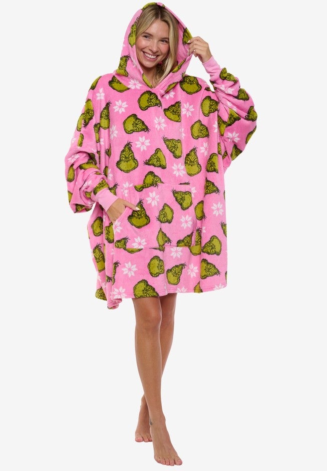 Womens The Grinch Oversized Hoodie Sweatshirt Christmas Pink Green One Size, PINK, hi-res image number 0