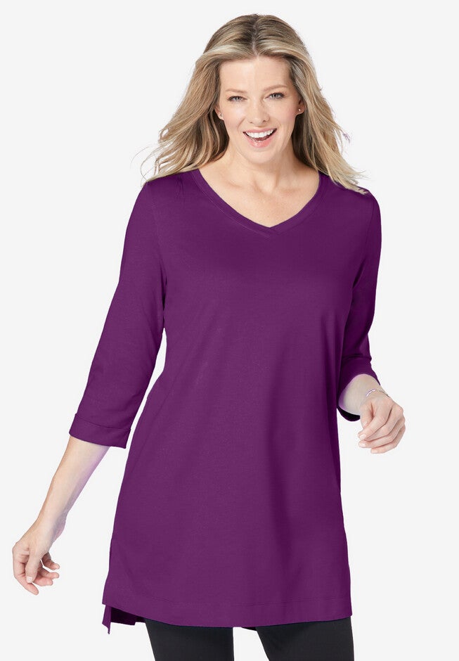 Longer Length Three-Quarter Sleeve V-Neck Tunic, PLUM PURPLE, hi-res image number 0
