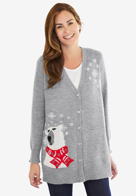 Holiday Cardigan, MEDIUM HEATHER GREY SWEET POLAR BEAR, hi-res image number null
