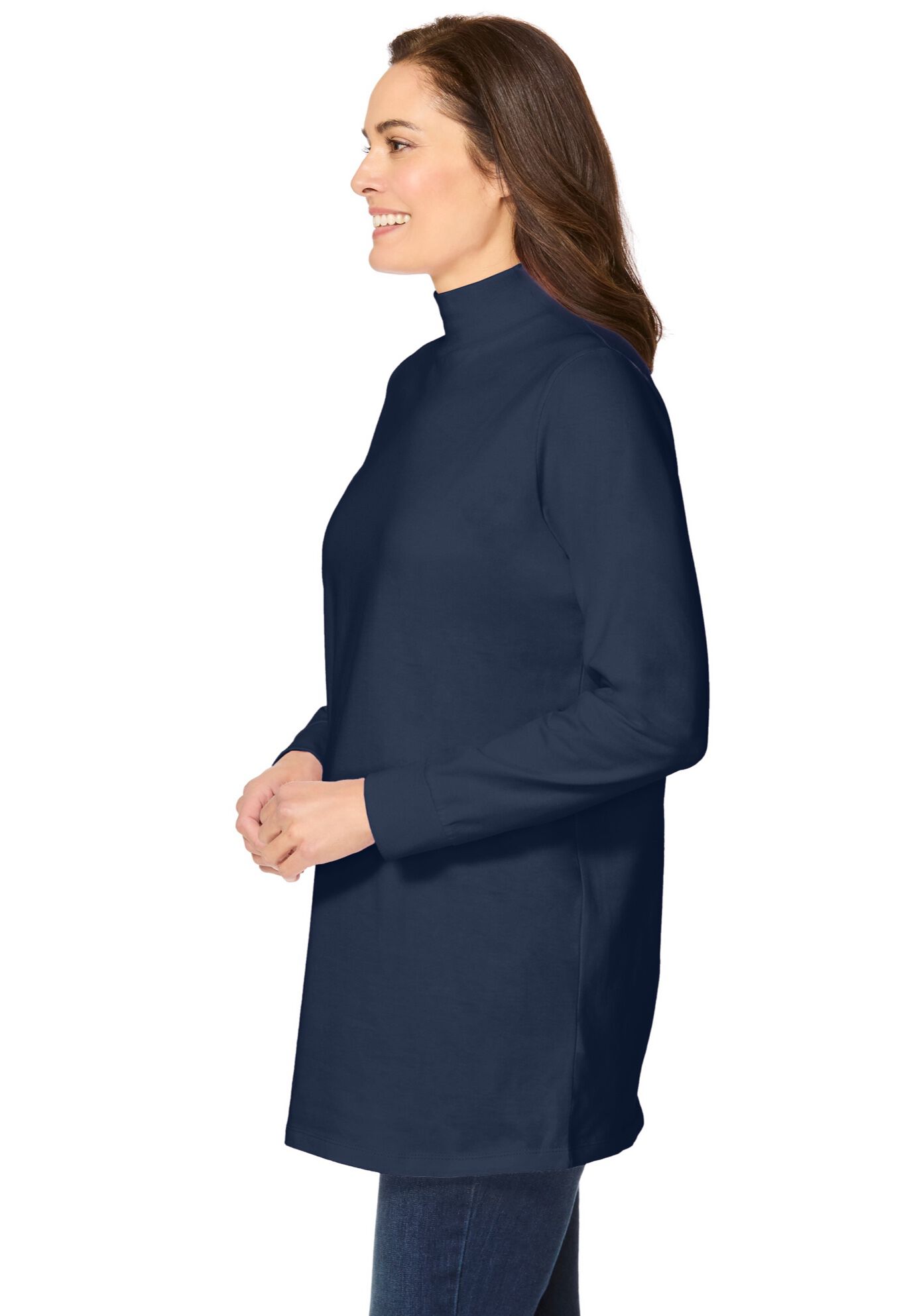 Perfect Long-Sleeve Mockneck Tee, NAVY, alternate image number 2