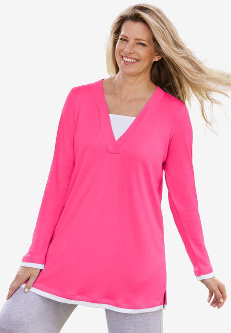 Long-Sleeve Layered-Look V-Neckline Tunic, RASPBERRY SORBET, hi-res image number null