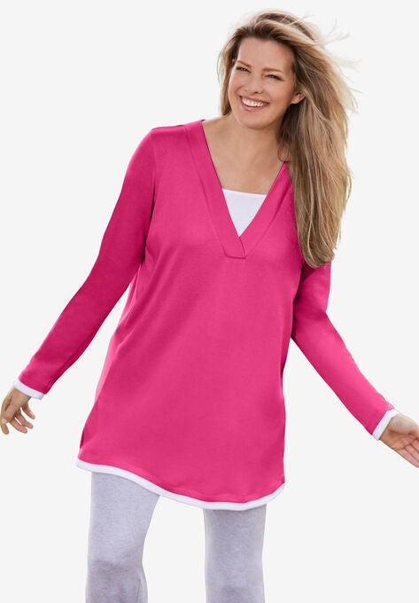 Long-Sleeve Layered-Look V-Neckline Tunic, RASPBERRY SORBET, hi-res image number null