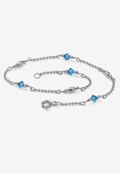 Platinum Plated Silver Ankle Bracelet (2Mm), Round Simulated Birthstone 11 Inches