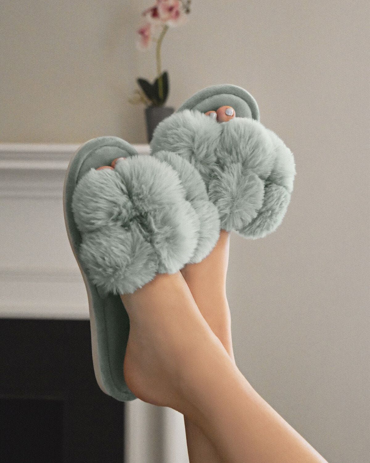 Women's Luxe Pom-Pom Memory Foam Plush Slippers, SEA BLUE, alternate image number 2