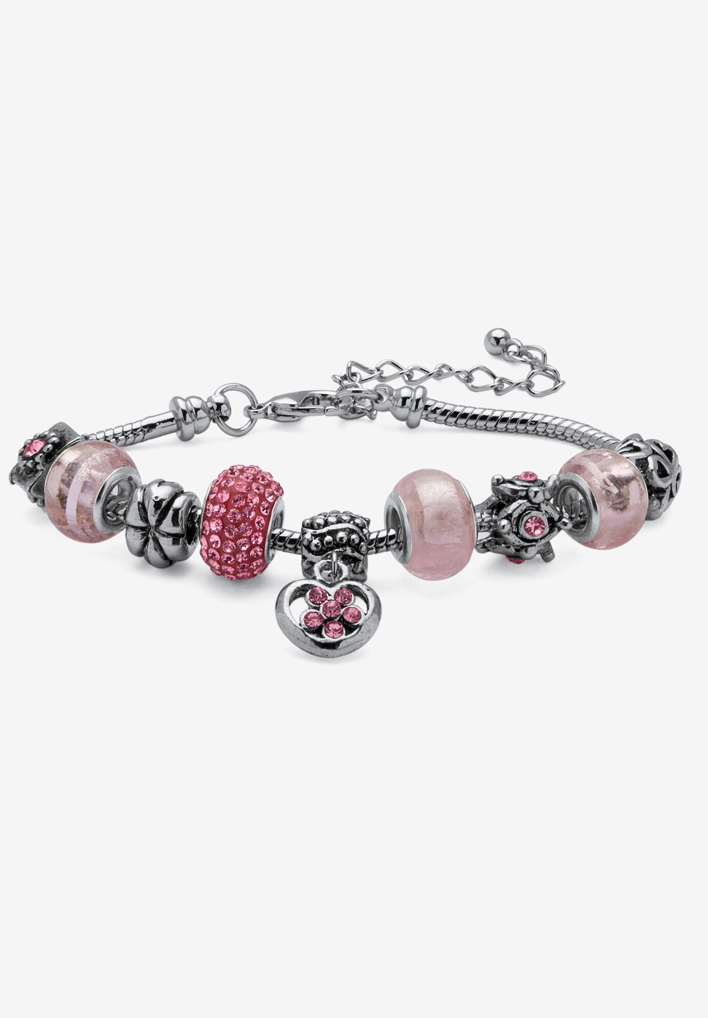 Bali Style Red Crystal Charm 8 inches Bracelet in Silvertone, JUNE, hi-res image number 0