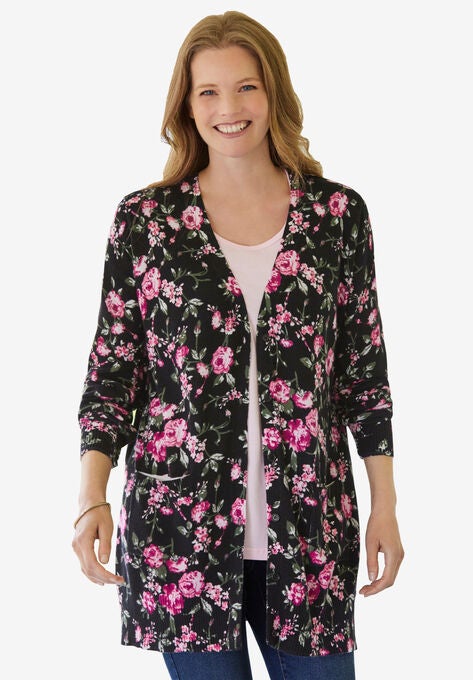 Longer-Length Cotton Cardigan, BLACK FLORAL, hi-res image number null