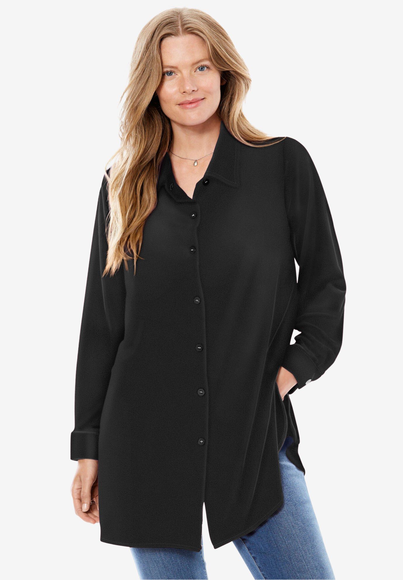 Plush Velour Shirt - Soft Relaxed Fit, Black | Woman Within