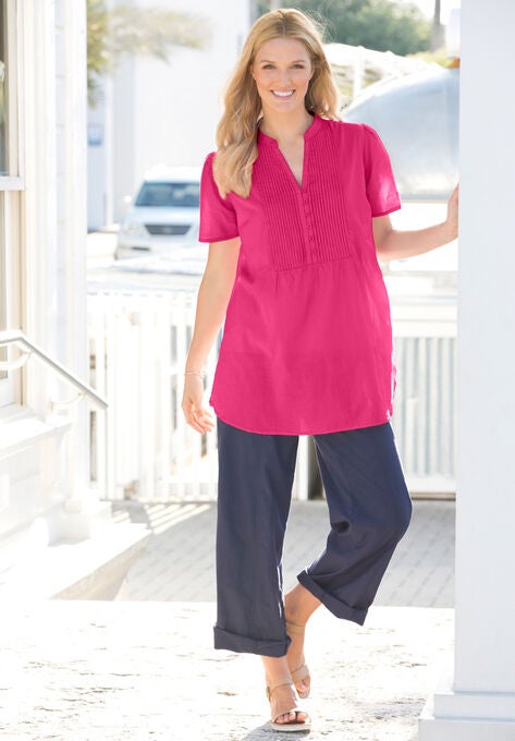 Pintucked Half-Button Tunic, , alternate image number null
