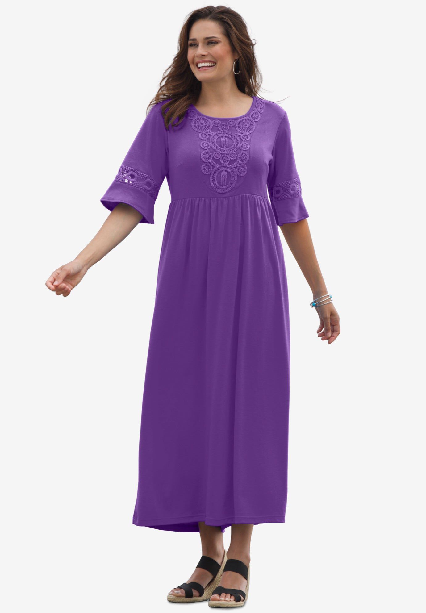 Crochet Trim Empire Knit Dress, PURPLE ORCHID, hi-res image number 0