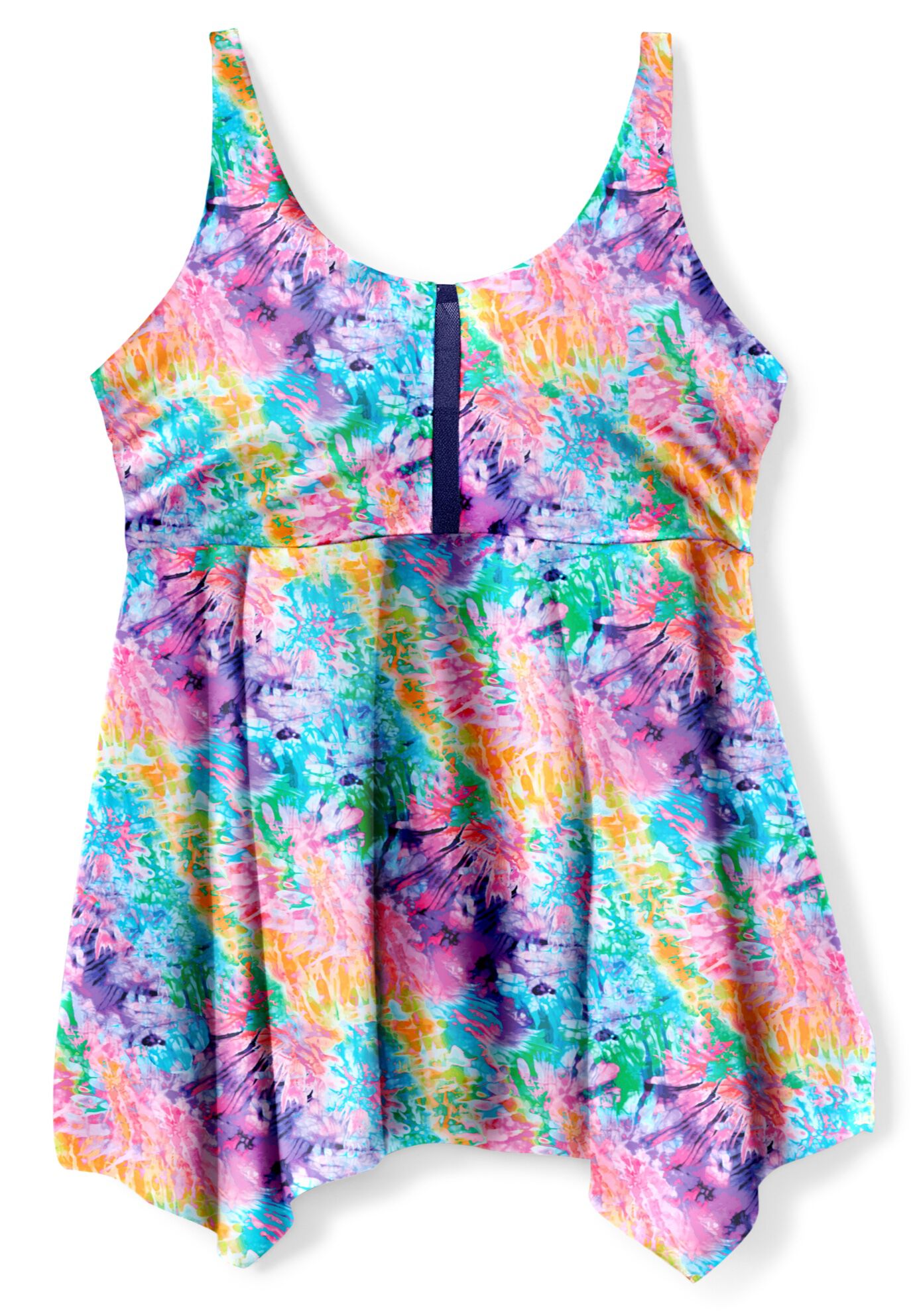 Longer-Length Handkerchief Hem Tankini Top, VIVID TIE DYE, alternate image number 3
