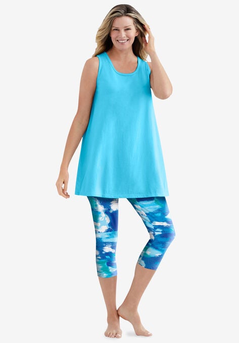 Scoopneck Tank & Capri Legging PJ Set , BLUE TIE DYE, hi-res image number null