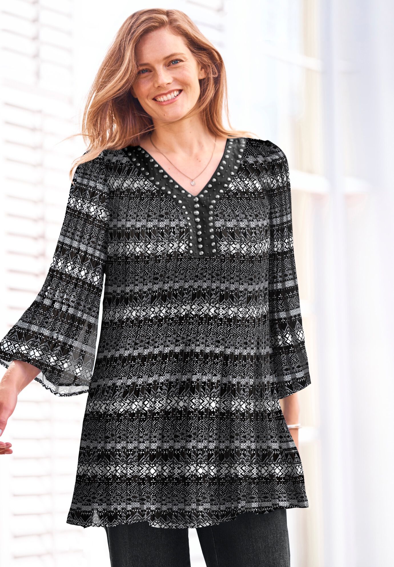 Pleated A-Line Blouse with Bell Sleeves, Black Linear Gradient Dot ...