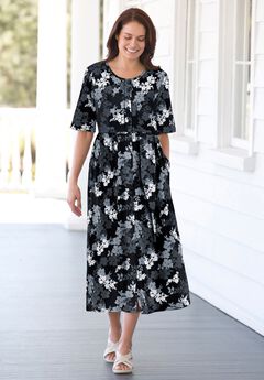 Button-Front Elbow-Sleeve Knit Dress