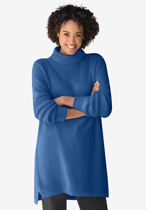 Waffle Knit Turtleneck Sweater, ROYAL NAVY, hi-res image number null