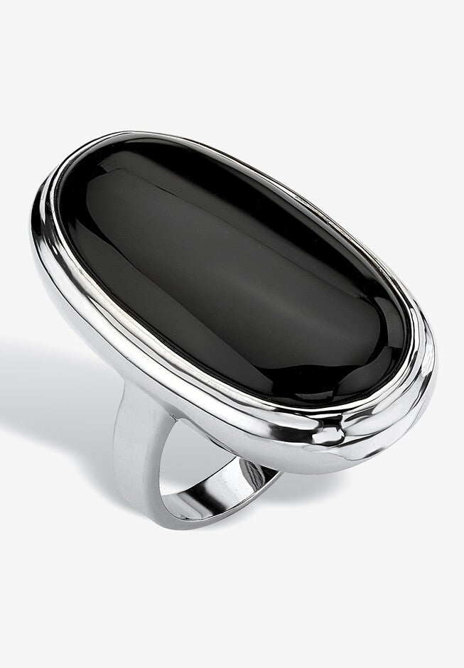 Silvertone Oval-Cut Natural Black Onyx Cabochon Ring, ONYX, hi-res image number null
