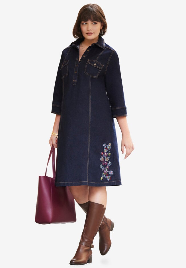 Denim Dress, INDIGO PAISLEY FLOWERS, hi-res image number null